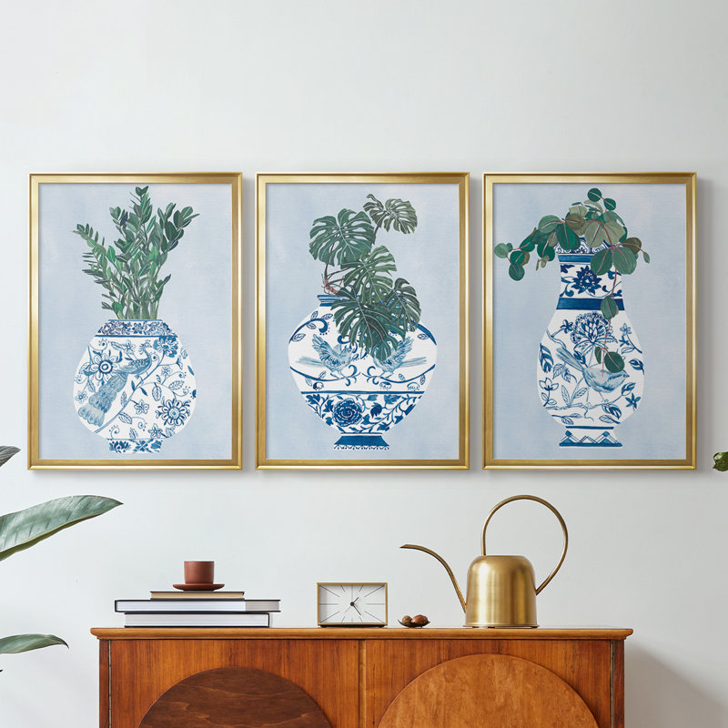 Vase au clair de lune I - Toile tendue avec châssis sur mesure - 3 pièces, H 30 po x l 63 po, Doré