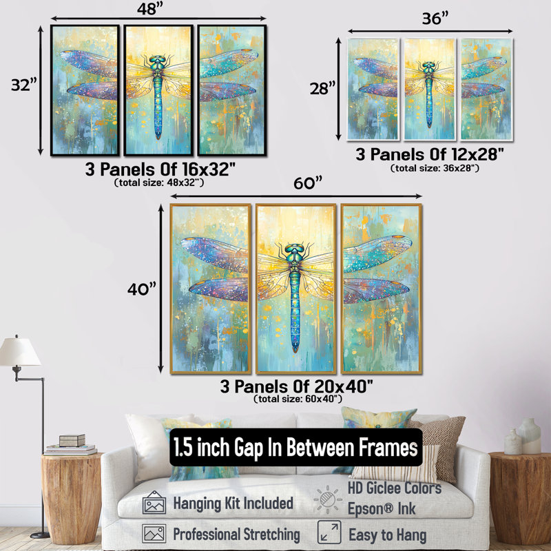 «Iridescent Wings Of A Dragonfly V», ensemble de reproduction d'art mural libellule, 32" H x 48" W, Gold
