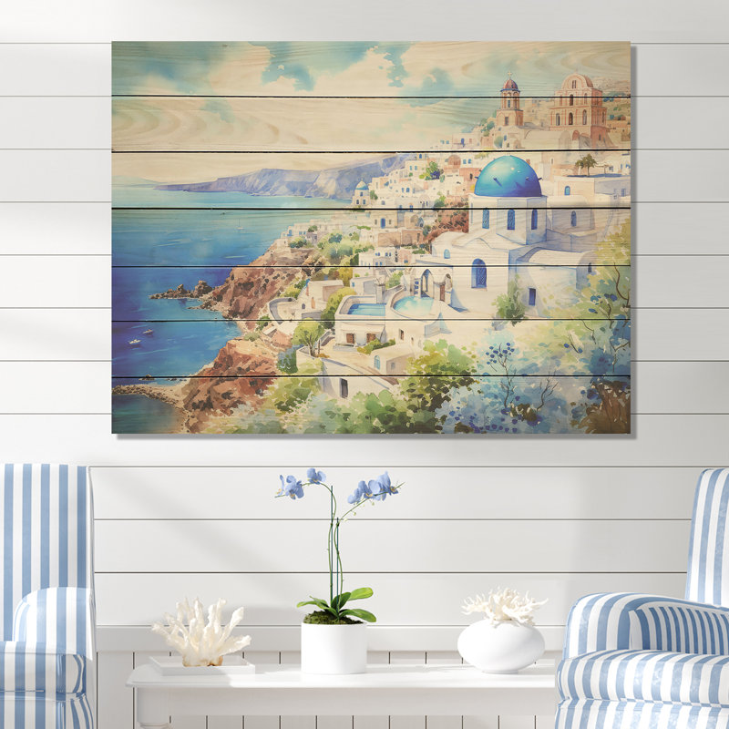 Village de Santorin bleu et blanc III - Grèce sur bois, H 10 po x l 20 po x P 0,78 po