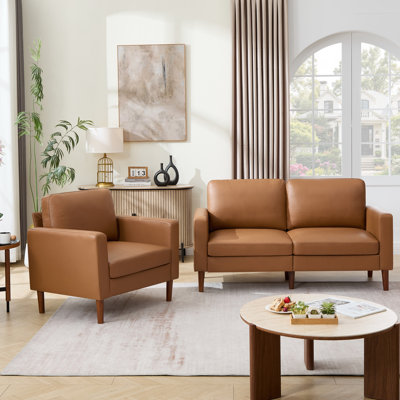 Modern Upholstered Accent Chair And Loveseat Living Room Set, Mid-Century Sofa Set