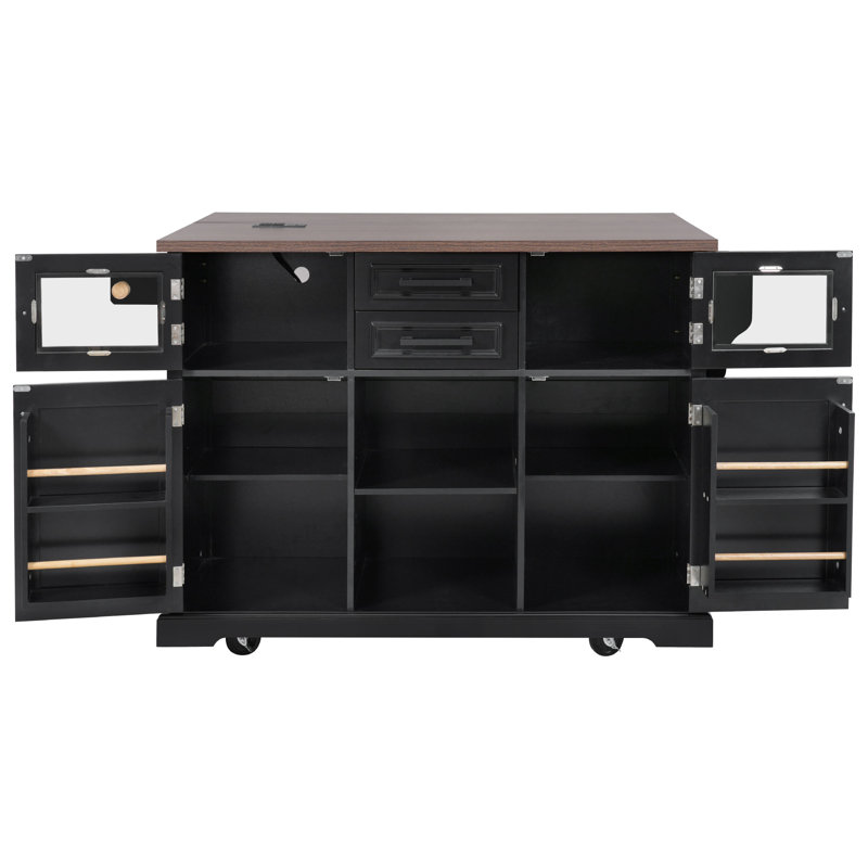 Kitchen Island With Drop Leaf And Power Outlet, Black