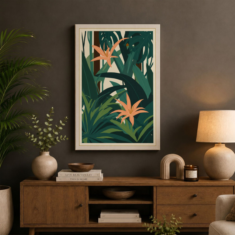 Teal Garden Blooms Botanical - Wrapped Canvas, 18x12 - 45.7 x 30.5 cm, Cream Border