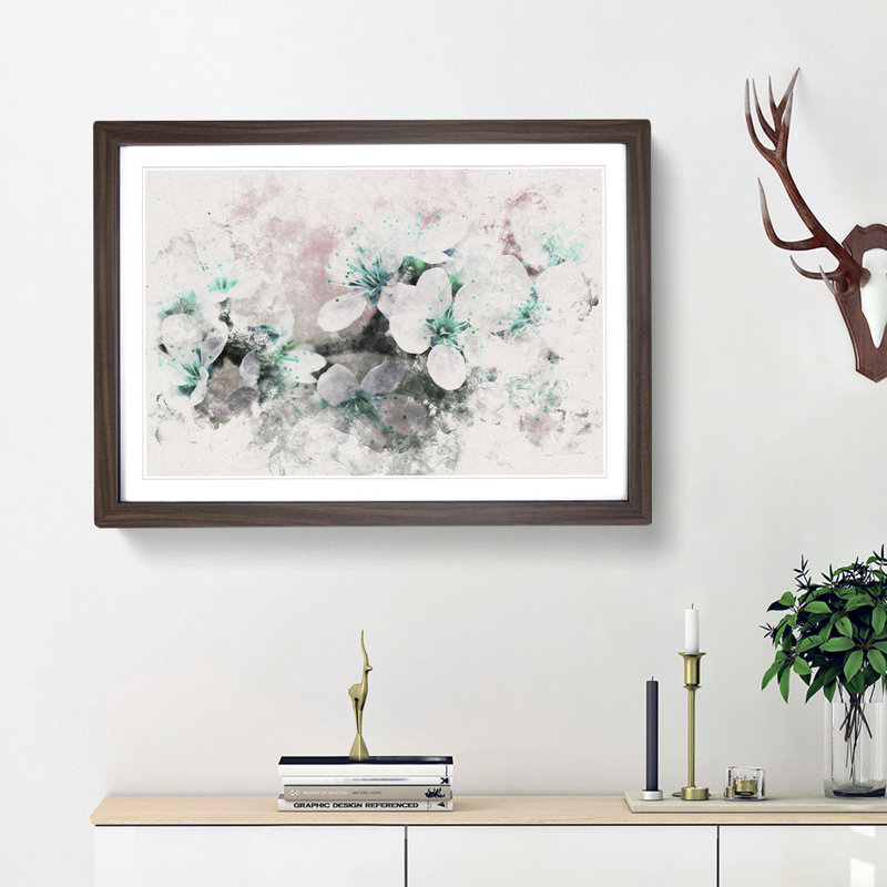 White Cherry Blossom Tree In Bloom Watercolour - Picture Frame Graphic Art, Walnut, 35cm H x 50cm W x 2cm D