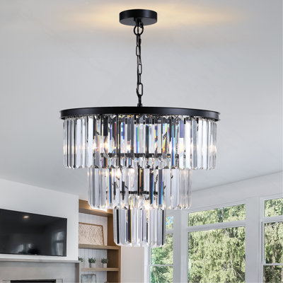 Lustre en cristal de luxe à 3 niveaux de 20 po, luminaire suspendu 7 lumières à cadre noir, éclairage de plafond élégant pour le salon, la salle à manger et la chambre à coucher (ampoules non incluses)