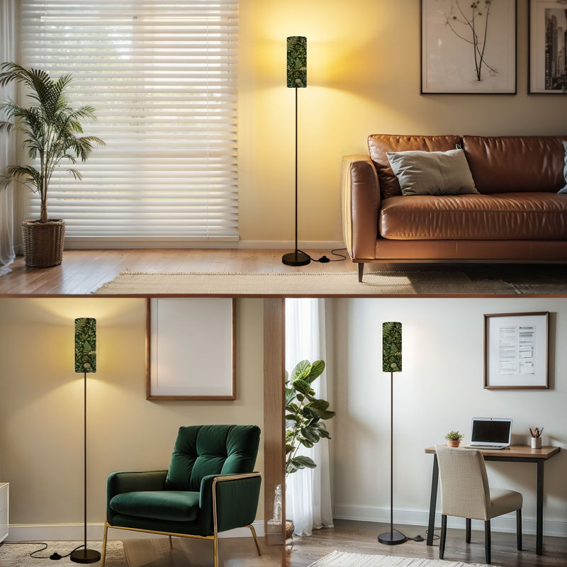  68.5" Standing Floor Lamp Vintage Botanical Ferns Floral Patterns Green Dimmable Metal Pole Lamp with Linen Lampshade LED Bulb Included