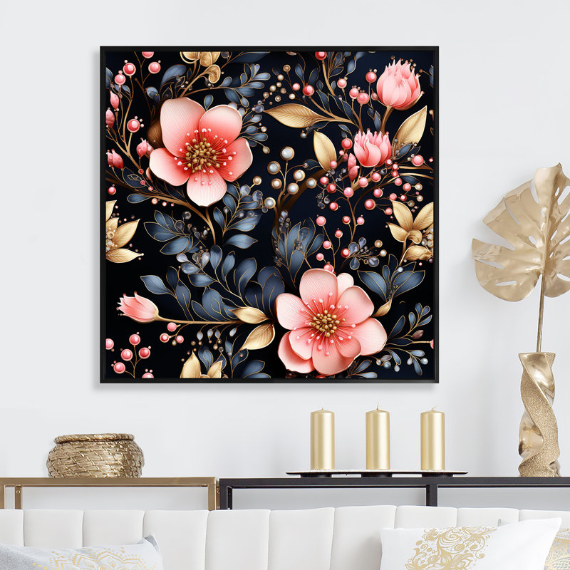 Cristal fleuri motif floral II - art mural floral, H 36 po x l 36 po x P 1,5 po, Cadre simple noir
