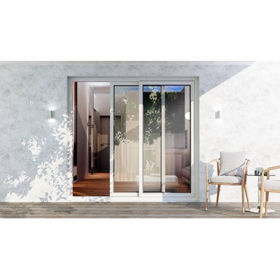 Porte coulissante extérieure en métal et plastique pour patio, modèle 8166 Blanc Soie 64 x 80, porte active à droite, porte coulissante en verre trempé transparent