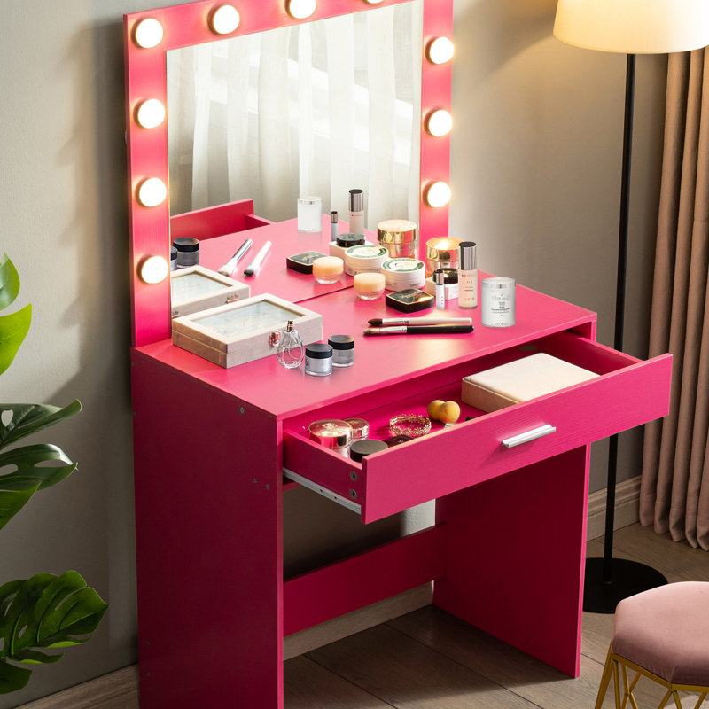 Bedroom Vanity Desk With Mirror & Lights, Pink Dressing Table Generous Drawer And Adjustable Brightness 3 Modes, Loving For Bedroom, Pink, Mirror, Lights Precious Drawer, Lighting Modes