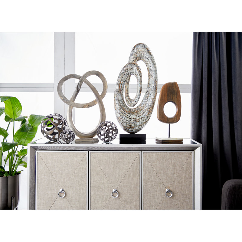 Dorpha Geometric Wood Sculpture with Light Marble Rectangular Base