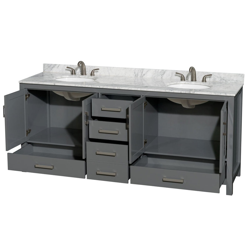 Sheffield 80" Freestanding Double Bathroom Vanity with Marble Top, White Carrara, Dark Gray
