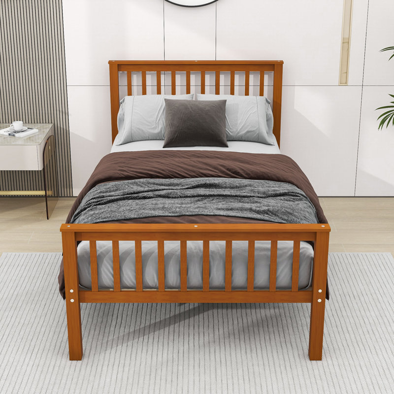 Twin Platform Bed with Headboard and Slats, Oak