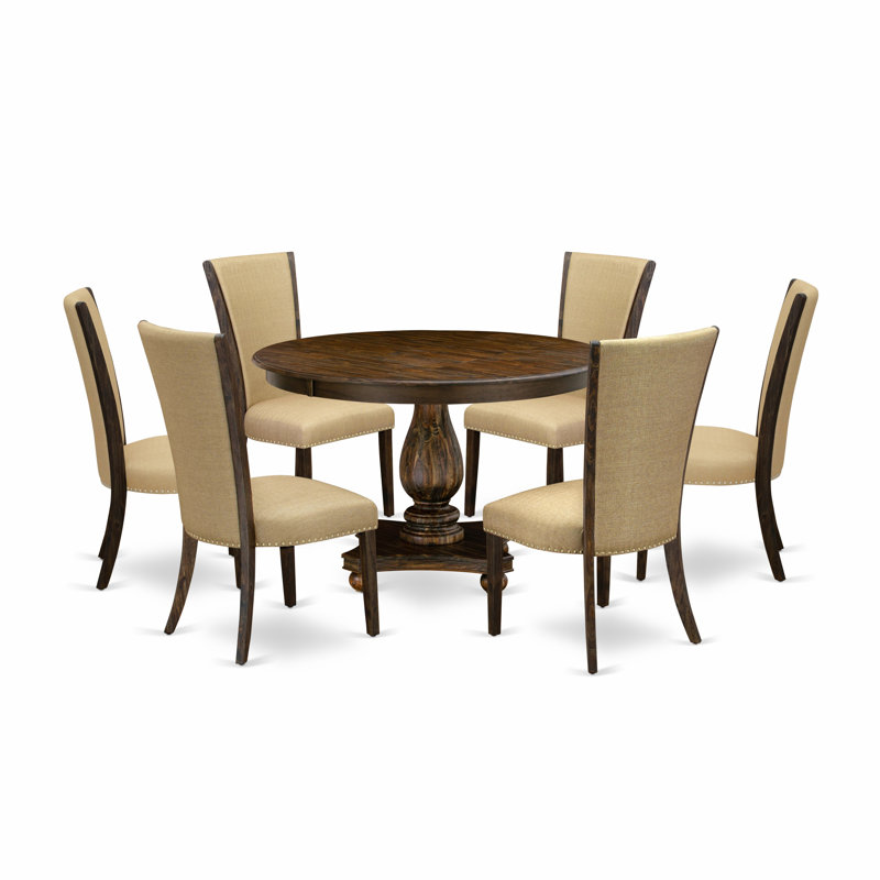 7 Piece Dining Table Set Consist of a Round Kitchen Table with Pedestal and 6 Brown Linen Fabric Parson Dining Room Chairs, Distressed Jacobean