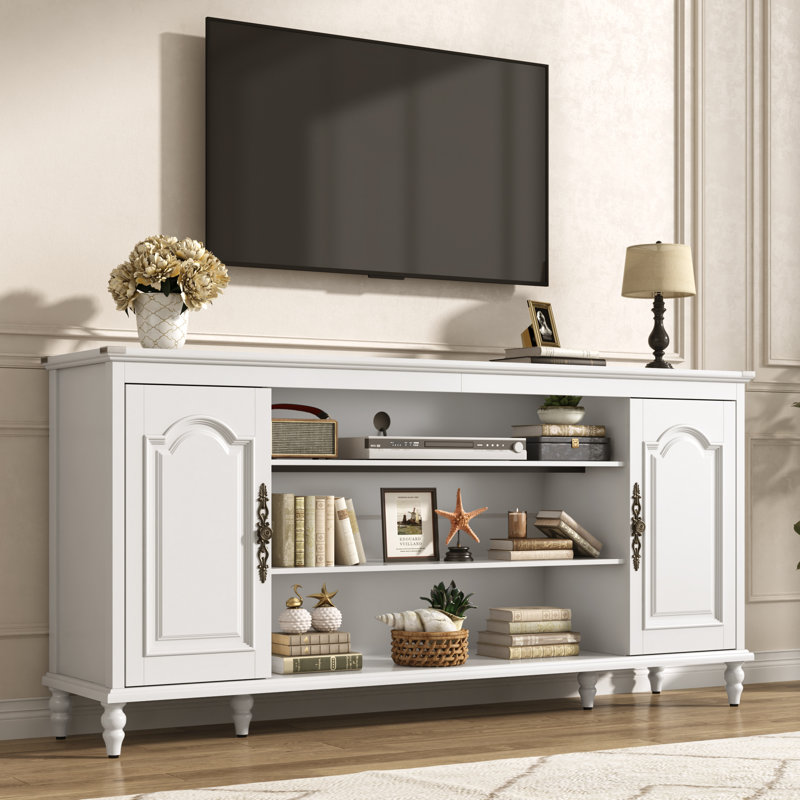 Meuble télé 69 po avec tablettes réglables, passe-câbles, pieds en bois massif et portes 69 po, Blanc