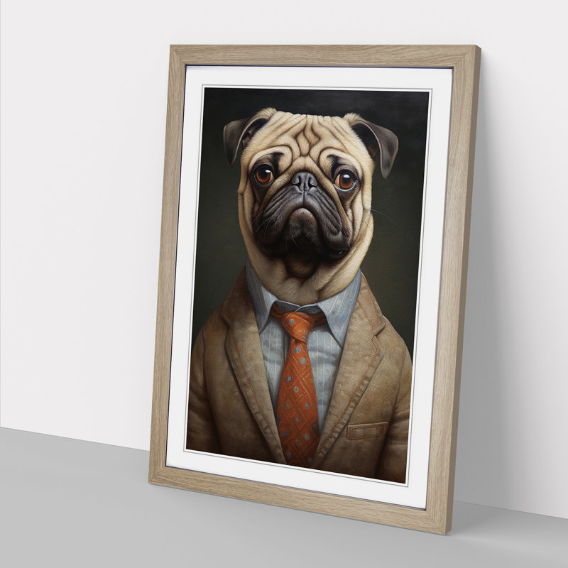 Pug in a Suit Painting - Framed Print, Oak Framed, 64cm H x 46cm W x 2cm D