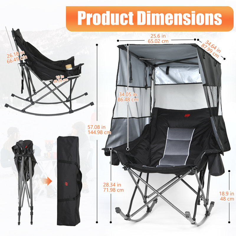 XL Oversized Heated Rocking Camping Chair with Canopy, Battery Powered Folding Outdoor Rocker with Cup Holder & Cooler Bag for Patio, Backyard, Sports Events