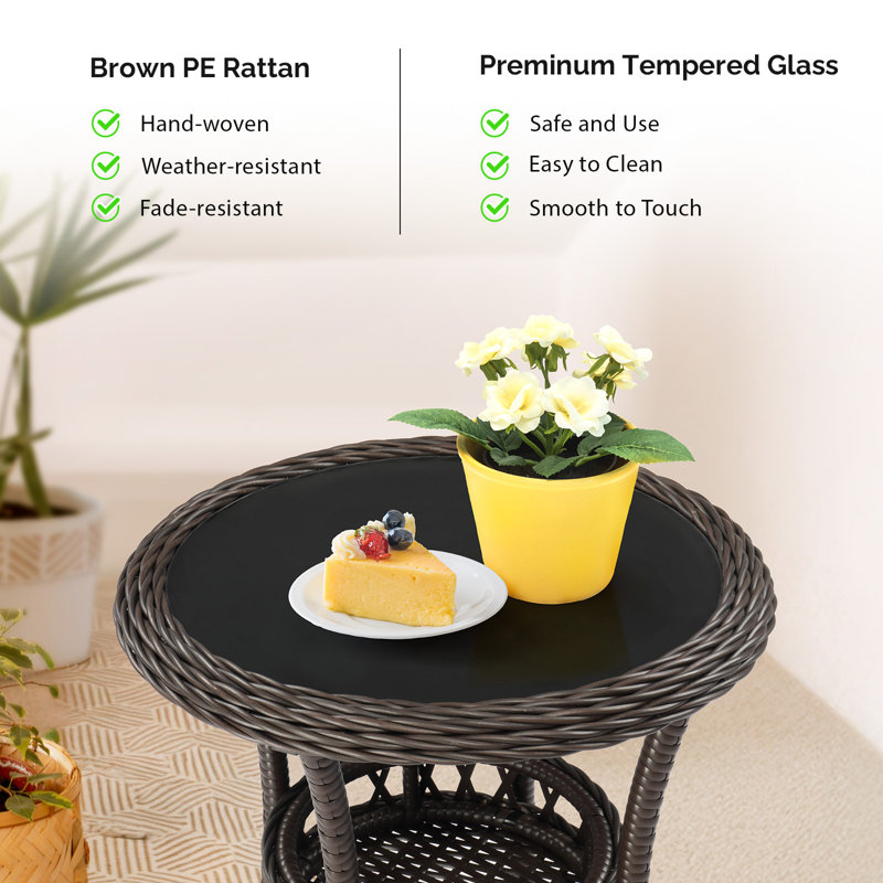 Patio Round Wicker Side Table, Brown