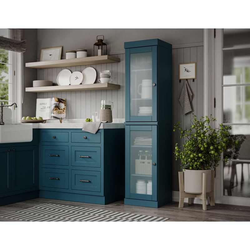 Garde-manger Jaylena 100% bois massif 16,5 po avec portes en verre givré et tablettes réglables, Bleu sarcelle