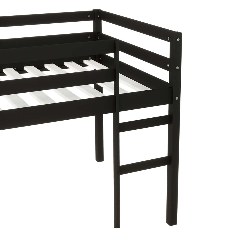 Solid Wooden, Rubber Wooden Loft Bed with Ladder, Bed Platform of Strengthened Slats, Black