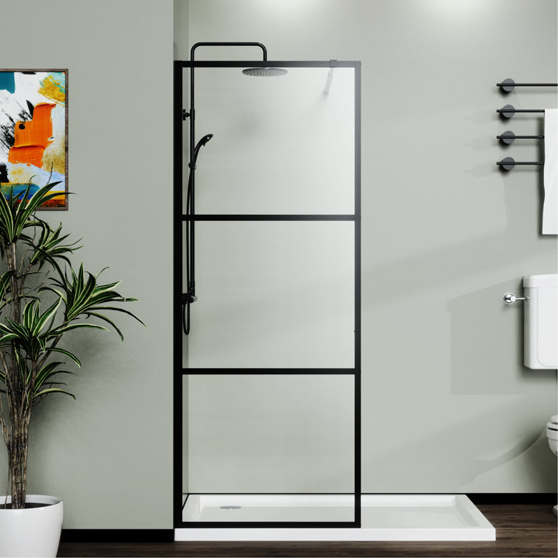 34" Shower Screen Door , Black - Clear Tempered Glass Adjustable Support For Wall Easy Installation Process 0.2" Strong And Assembly