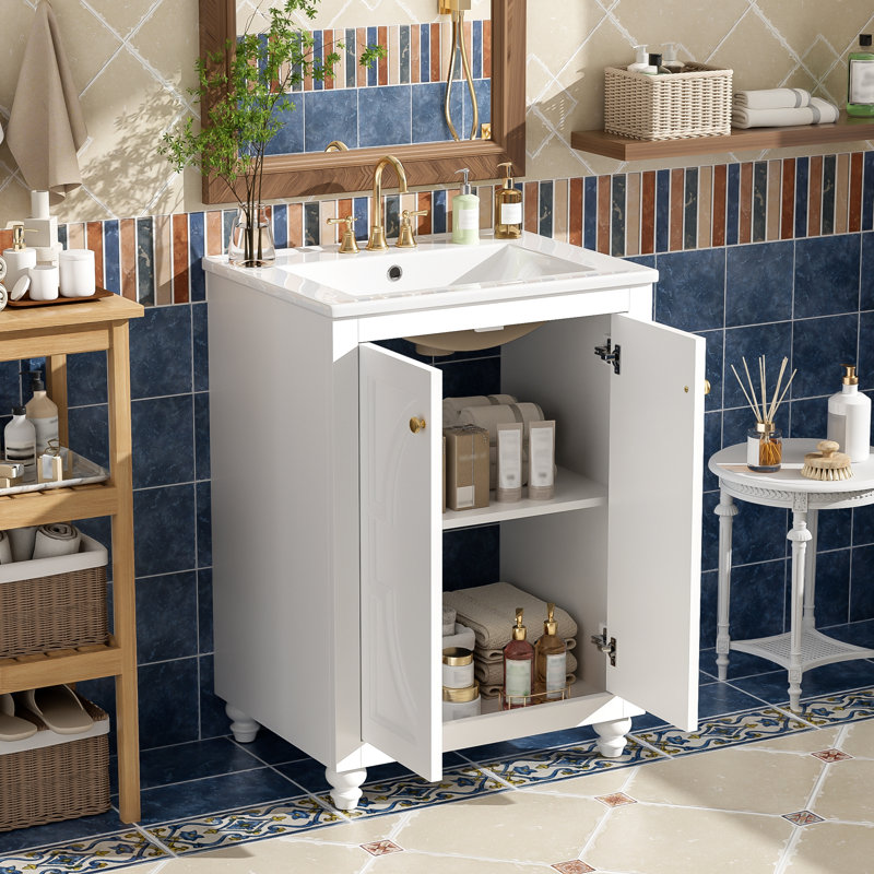 Modern Bathroom Vanity With Ornate Elliptical Motif, Soft-Close Hinges, And Open Back Structure For Easy Plumbing Access