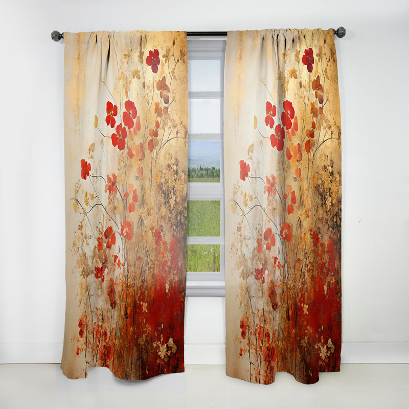 «Kourtney God and Red Floral Japanese Tiles I» - Rideau Botanicals - Velours obscurcissant - 1 panneau, L 52 po x L 84 po