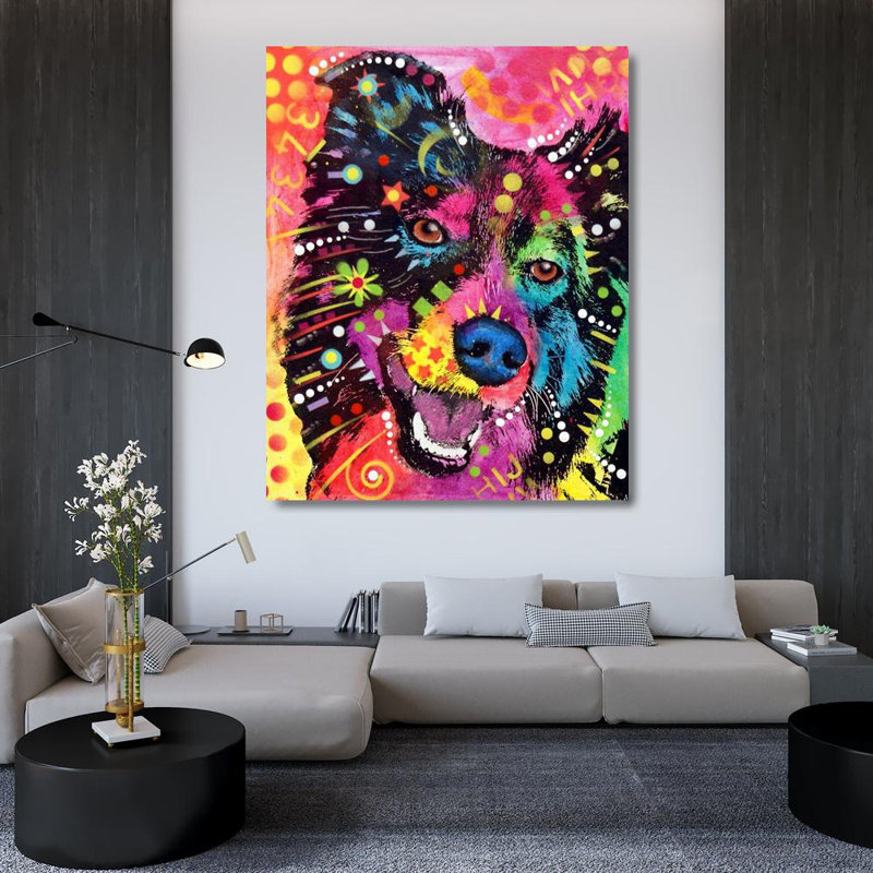 Art tendu sur toile tendue avec la collection Dean Russo, titre: Border collie 121109, H 44 po x l 36 po