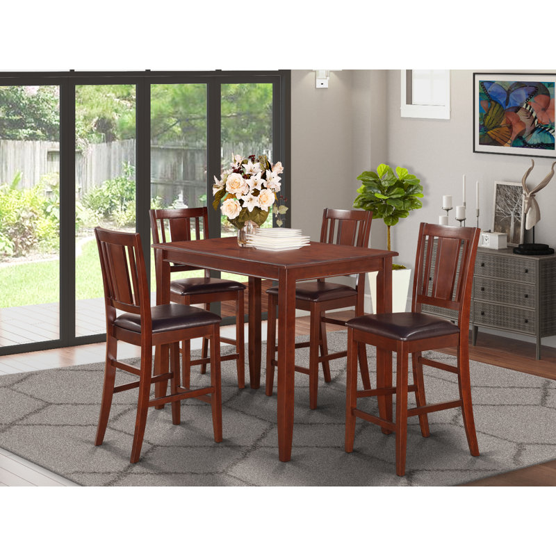 5 Piece Counter Height Dining Table Set Includes a Rectangle Kitchen Table and 4 Faux Leather Dining Room Chairs, 30x48 Inch, Mahogany