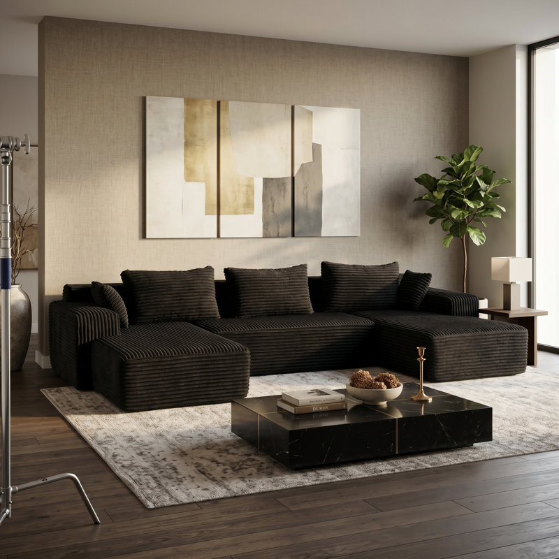 Modular Sectional Sofa, No Assembly Compressed Foam Couch With Chenille Upholstery Boneless, Modern Low-Profile Living Room Sofa