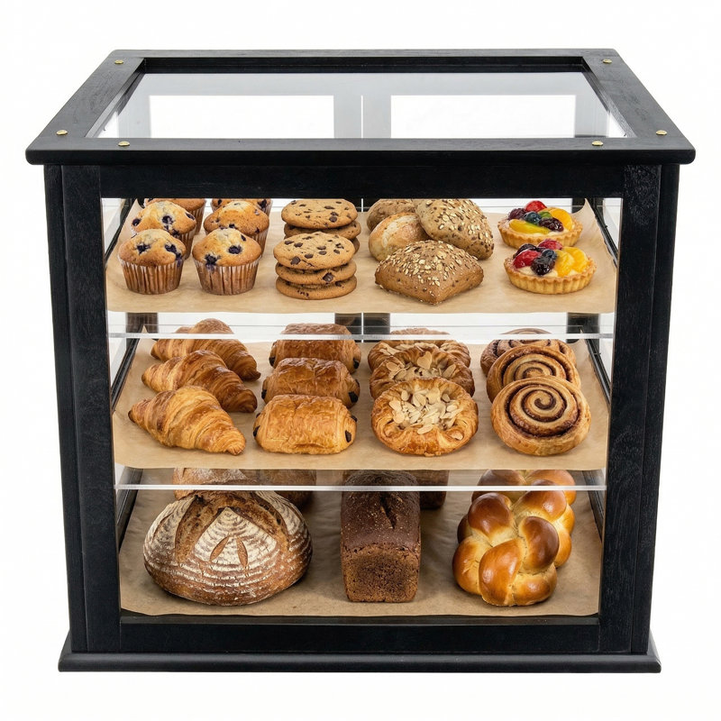 3-Tier Black Solid Wood Bread Box