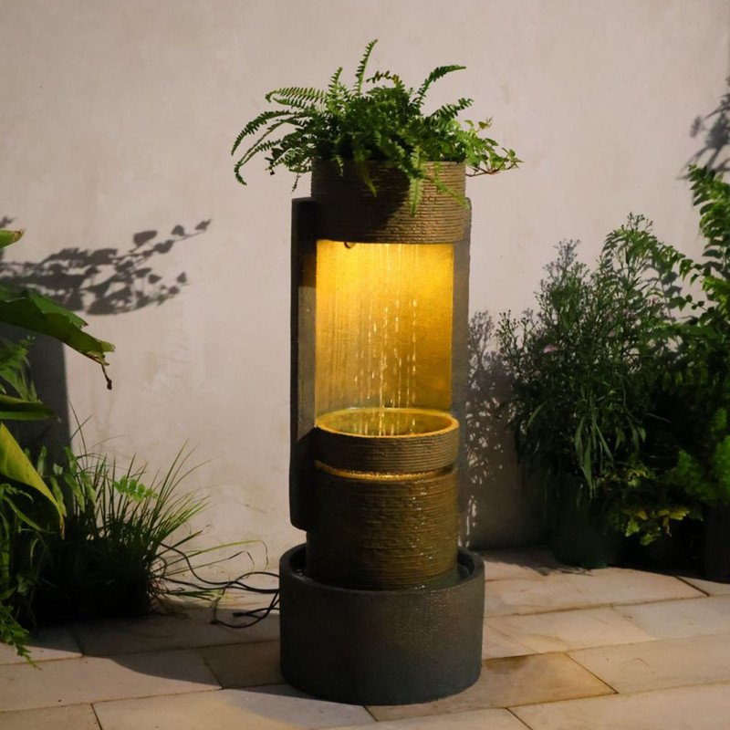 Modern Tiered Column Cascading Water Fountain with LED Lights & Planter, 33" Tall Resin Outdoor Water Feature for Garden Patio Decor