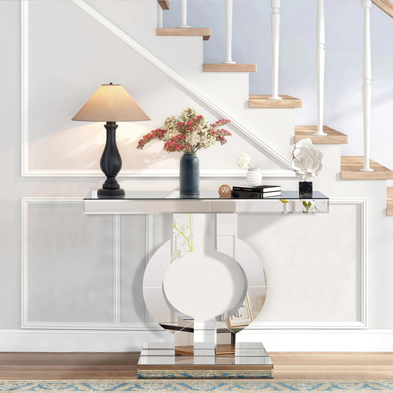Console argentée à miroir, table de canapé d'entrée en verre de 39,4 po de long, base étroite en forme de O, table d'appoint moderne pour le salon, le couloir, le vestibule, l'entrée