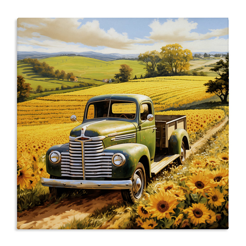 Camion à travers une toile de champ de tournesols, conception par Heidi Kuntz, H 24 po x l 24 po