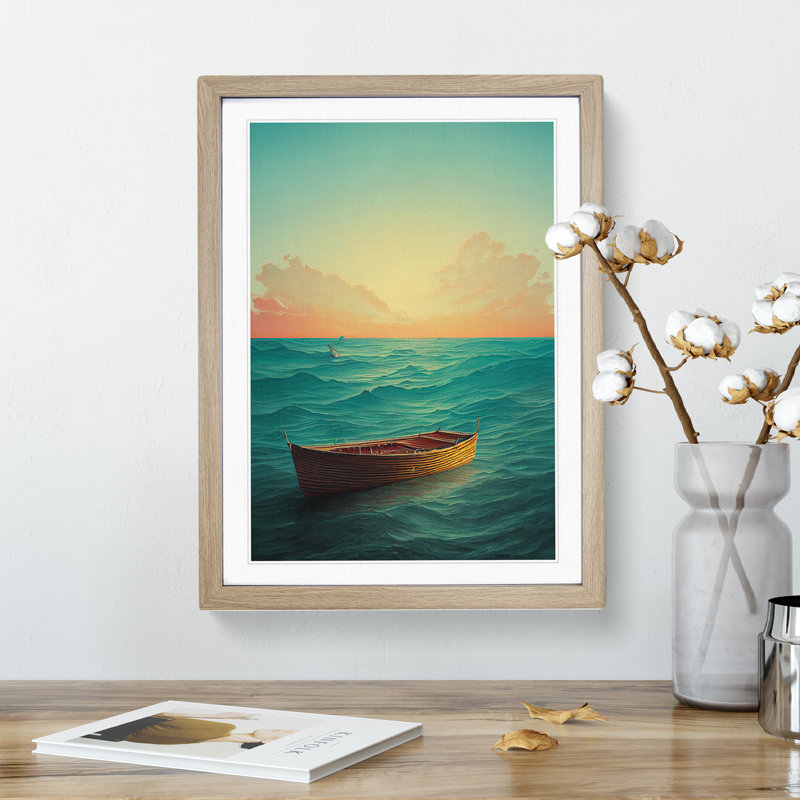 Boat Behind the Sun - Wall Art, 66cm H x 48cm W x 2cm D, Oak Framed, White