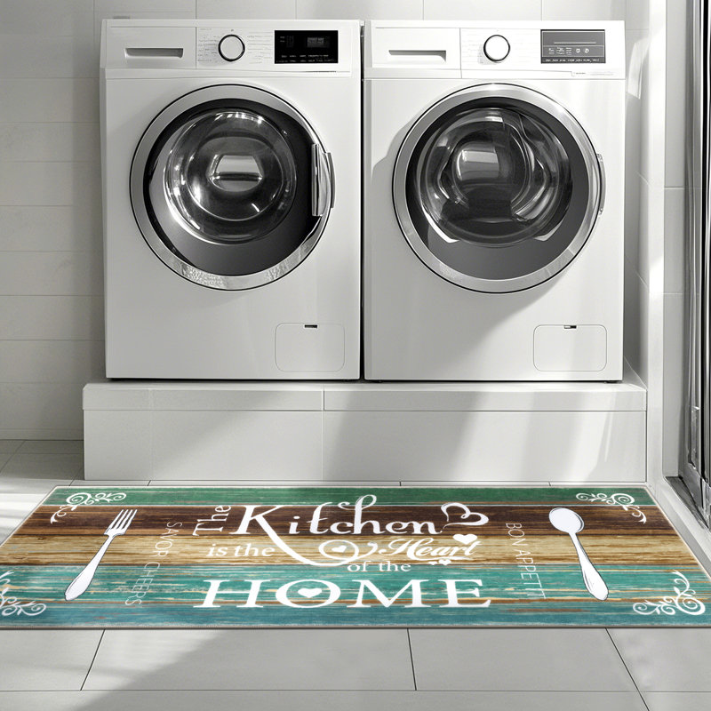Machine Washable Non-Slip Kitchen Mat, Green/Brown/White