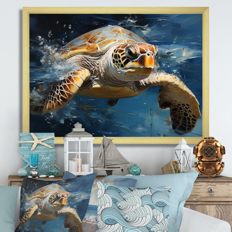 Tortue de marée, art mural tortue océanique I, Cadre doré à coins fermés, H 16 po x l 32 po x P 1 po