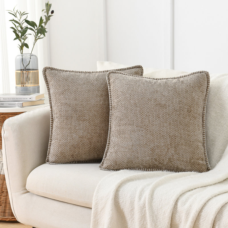 Farmhouse Pillow Covers Modern Farmhouse Square Textured Stitched Edge Throw Pillow Cover, Beige, Square 22"