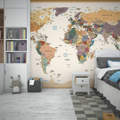 Carte du monde politique murale | Papier peint atlas des pays colorés | Intissé ou autocollant