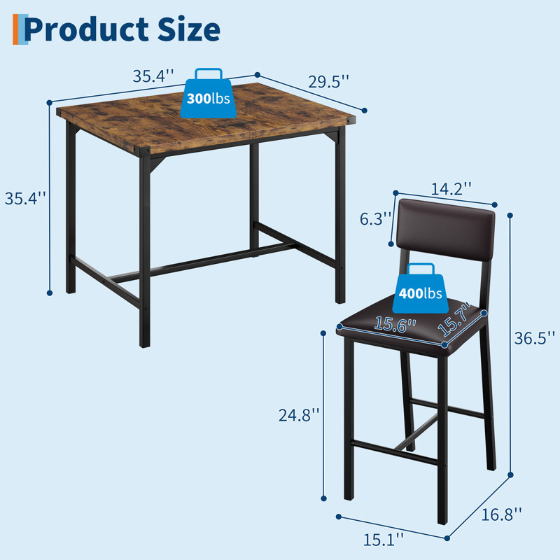 Ensemble de table de salle à manger 5 pièces à hauteur de comptoir pour 4 personnes, table de pub avec 4 tabourets de bar rembourrés, table de cuisine industrielle avec chaises, mobilier de salle à manger peu encombrant