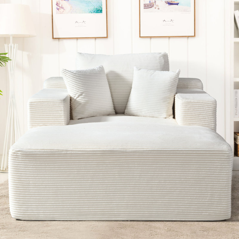 Beige Convertible Chair, Corduroy Boneless Chaise, Wide Square Arms, Full - Foam Construction, Reading