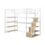 Lit mezzanine simple en métal avec escalier, bureau intégré et tablettes de rangement, blanc