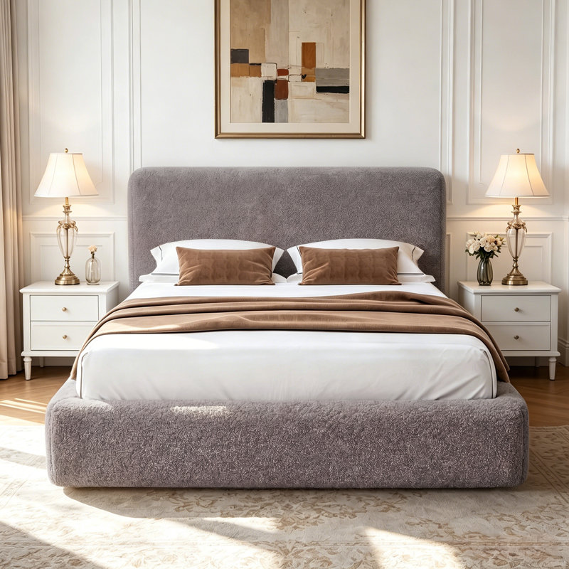 Structure de lit avec tête de lit rembourrée Boucle, Grey, Queen