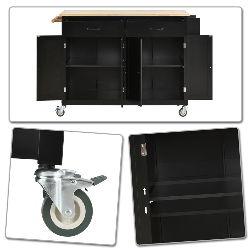 Îlot de cuisine pratique avec plateau en bois massif avec roulettes et tablettes ajustables Jerneja, Noir