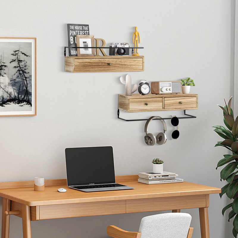 Floating Shelves With Drawers Set Of 2 - Wall Mounted Storage, Brown, Brown