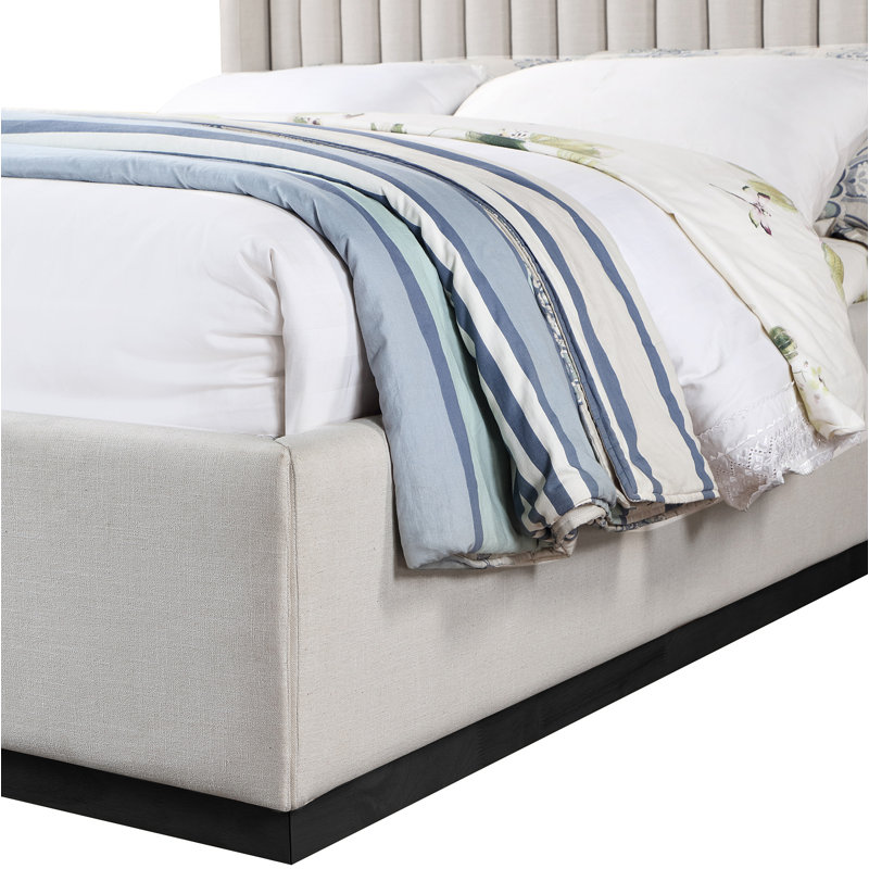 Lit à panneaux tapissier Chamblis, Tissu texturé en lin beige, Grand