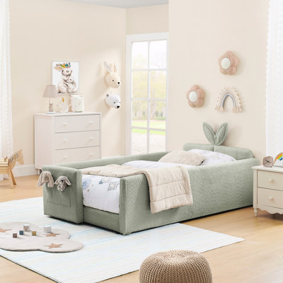 Cyan Twin Platform Bed, Boucle Fabric, Rabbit Ear Headboard, Feature, And Storage For Bedroom Space Bed With Material, Rail, Storage, Color In