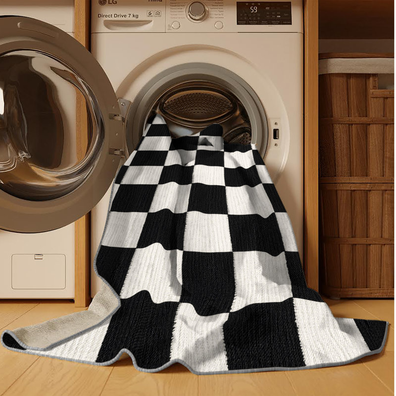 Machine Washable Checkered Gray Area Rug, Round 4'