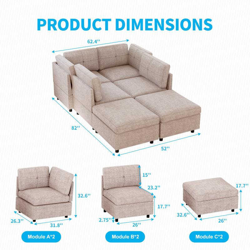 Burmah 118.11'' Upholstered Sofa, Sofa & Chaise, Beige 100% Linen