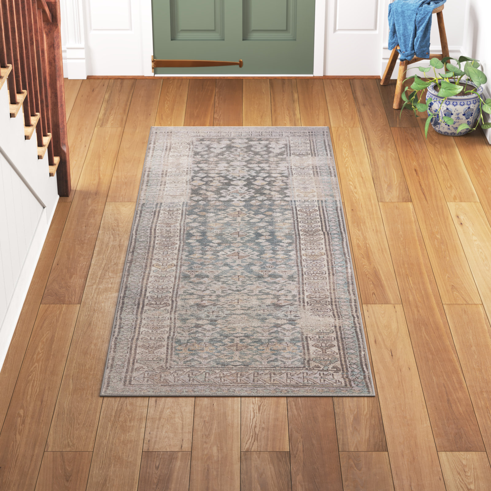 Machine Washable Jihane Oriental Machine Woven Polyester Area Rug in Gray/Tan, Runner 2' x 6'