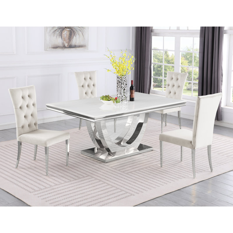 Baltazar 4 - Person Pedestal Dining Set, Silver/Beige, Silver