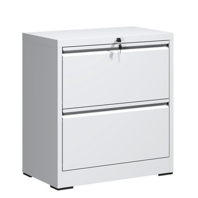 Classeur horizontal à 2 tiroirs en acier blanc, structure, dossiers réglables, armoire latérale en métal à glissières silencieuses pour le bureau personnel, grand rangement, coulissant, serrure à clé pliable